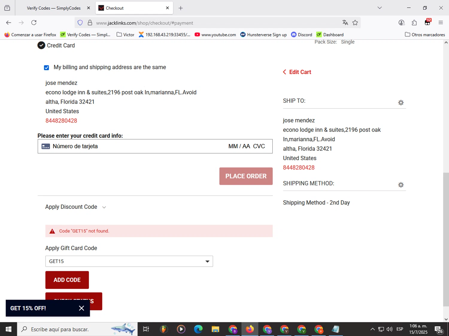 Jack Links discount code screenshot showing code GET15 applied at Jack Links checkout page. Uploaded by SimplyCodes community member Garou_Y2K on Jul 15, 2025