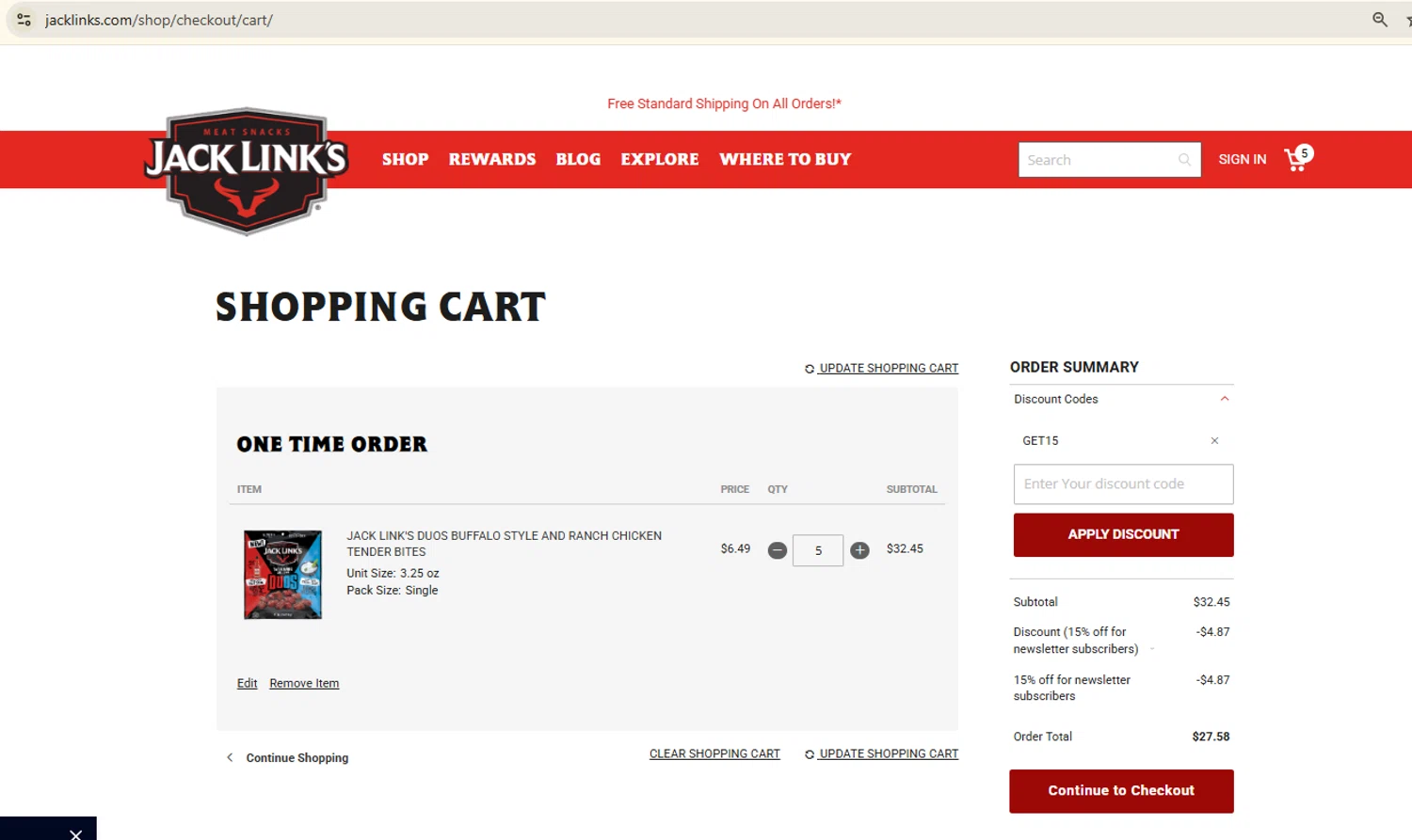 Jack Links discount code screenshot showing code GET15 applied at Jack Links checkout page. Uploaded by SimplyCodes community member Samugl21 on Jul 31, 2025