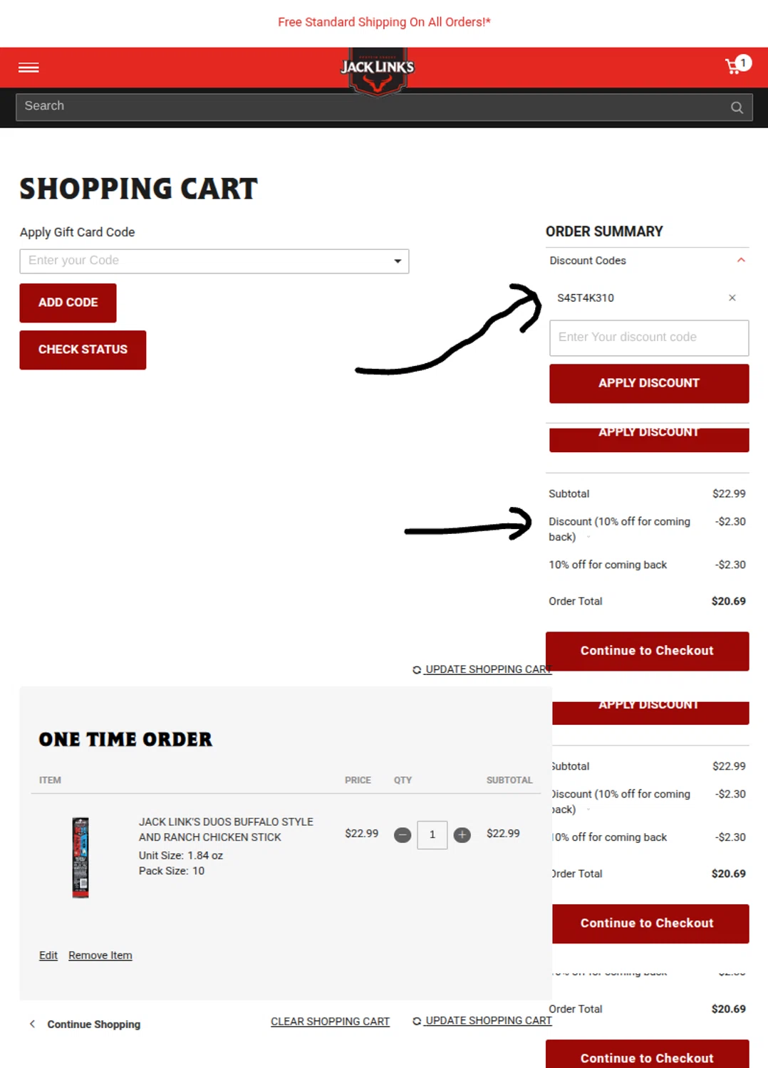 Jack Links discount code screenshot showing code S45T4K310 applied at Jack Links checkout page. Uploaded by SimplyCodes community member Mosue17 on Dec 10, 2025
