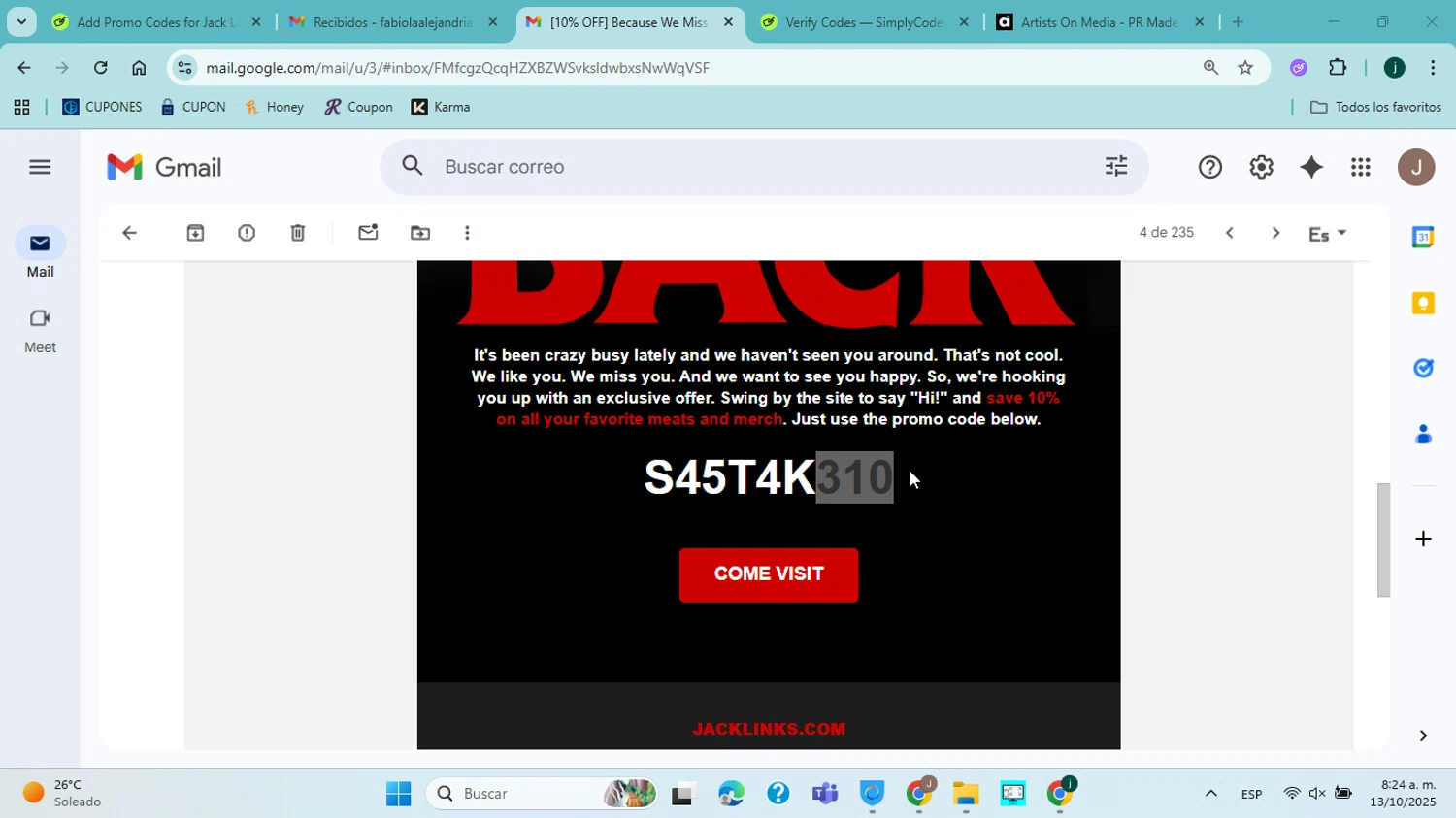 Jack Links discount code screenshot showing code S45T4K310 applied at Jack Links checkout page. Uploaded by SimplyCodes community member ABHF23 on Oct 13, 2025