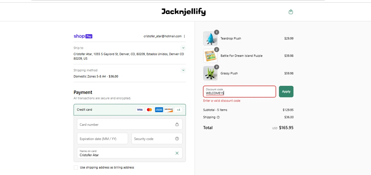 Jacknjellify discount code screenshot showing code WELCOME15 applied at Jacknjellify checkout page. Uploaded by SimplyCodes community member FundoEsperanza on Jul 27, 2025