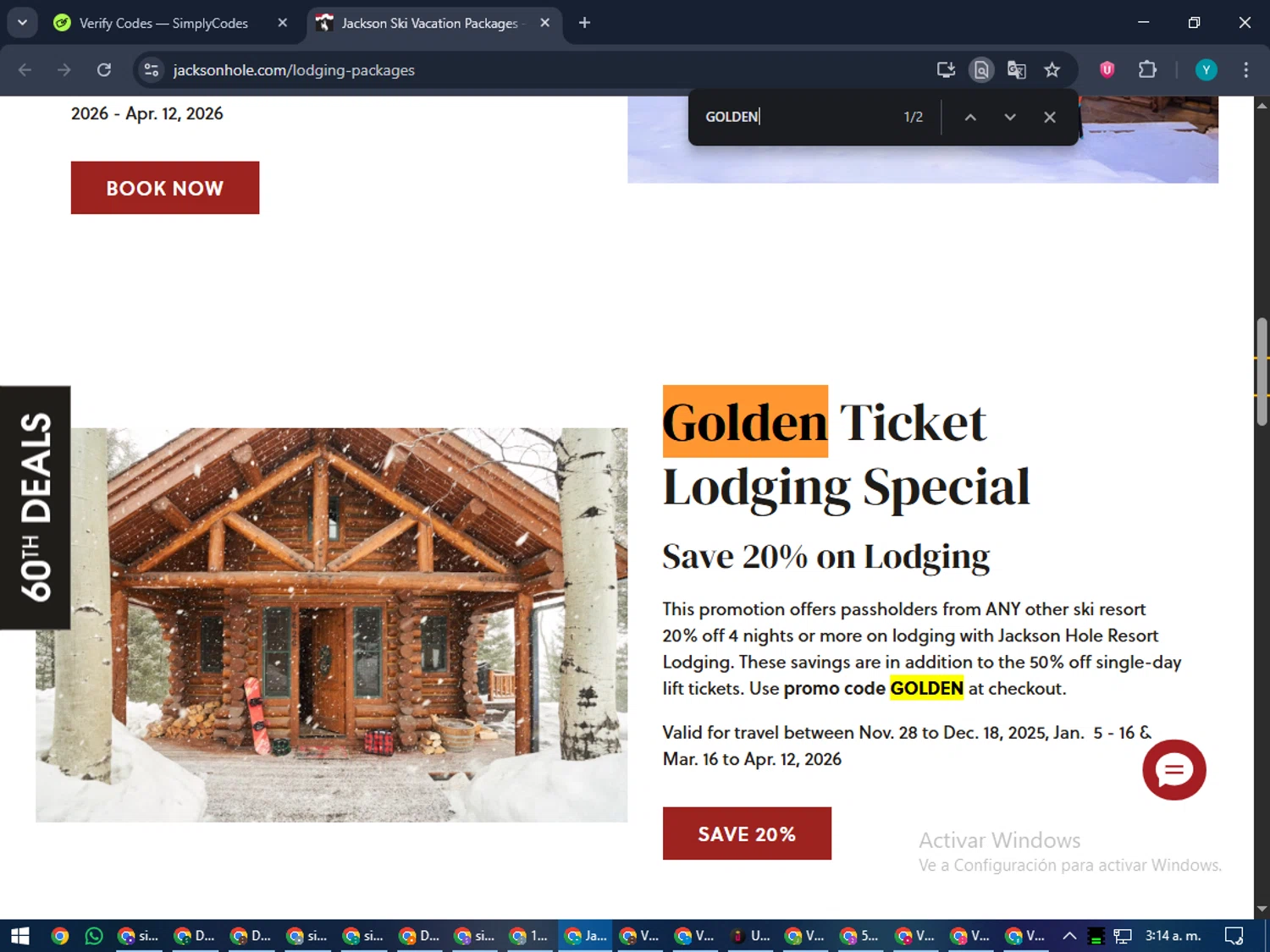 Jackson Hole coupon code screenshot showing code GOLDEN applied at Jackson Hole checkout page. Uploaded by SimplyCodes community member RoyalEagle4794 on Dec 5, 2025