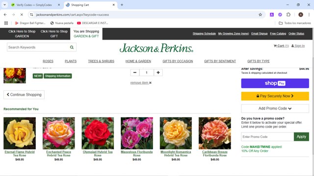 Jackson & Perkins checkout page showing Jackson & Perkins discount code box | Screenshot taken by SimplyCodes community member on Jul 27, 2025
