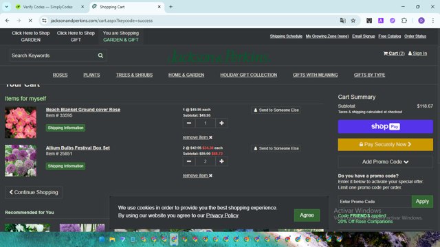 Jackson & Perkins checkout page showing Jackson & Perkins discount code box | Screenshot taken by SimplyCodes community member on Jul 31, 2025