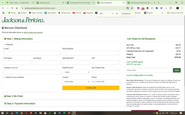Jackson & Perkins checkout page showing Jackson & Perkins discount code box | Screenshot taken by SimplyCodes community member on Jul 24, 2025