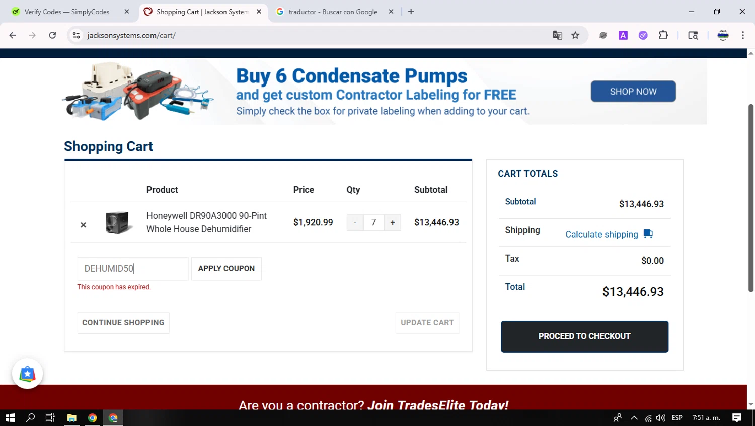 Jackson Systems coupon code screenshot showing code DEHUMID50 applied at Jackson Systems checkout page. Uploaded by SimplyCodes community member Heinsenberg on Jun 3, 2025
