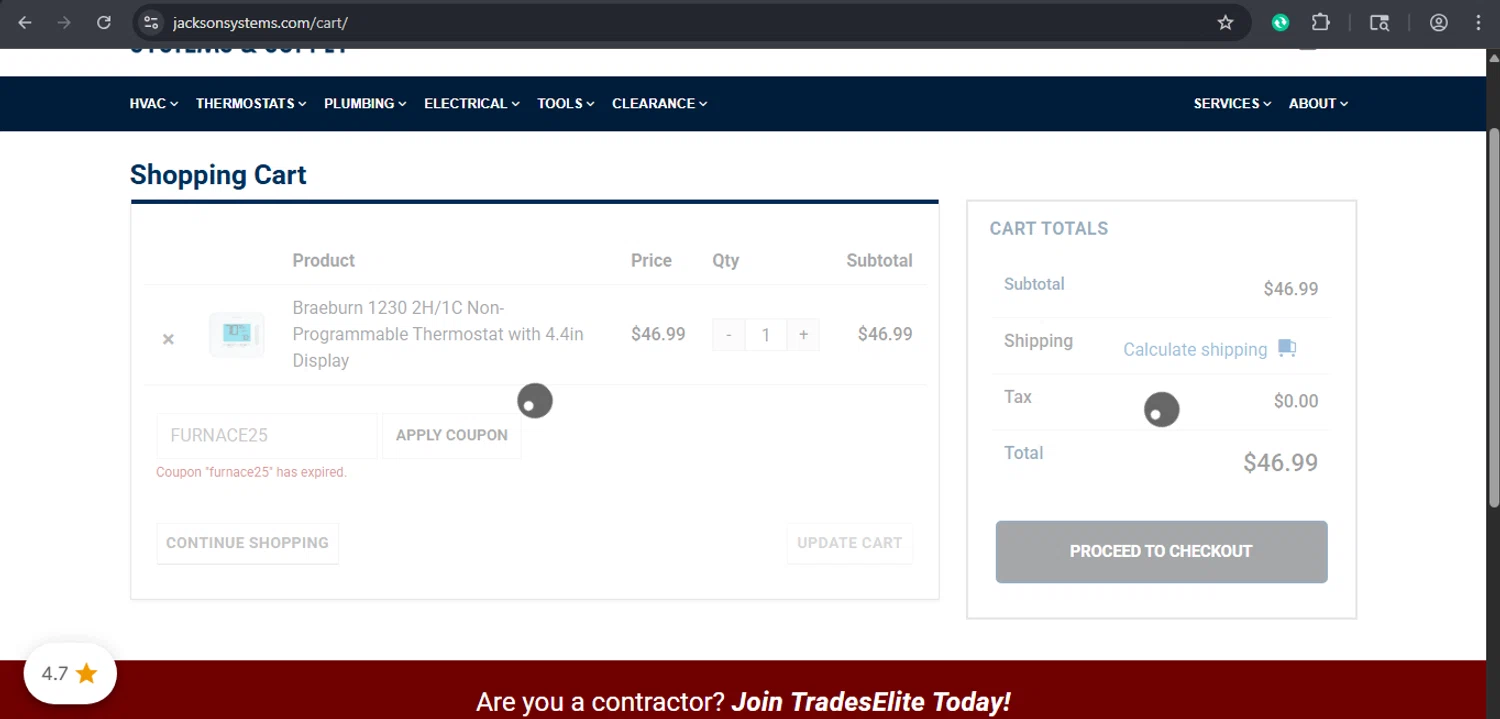 Jackson Systems coupon code screenshot showing code FURNACE25 applied at Jackson Systems checkout page. Uploaded by SimplyCodes community member xaswqe on Nov 3, 2025