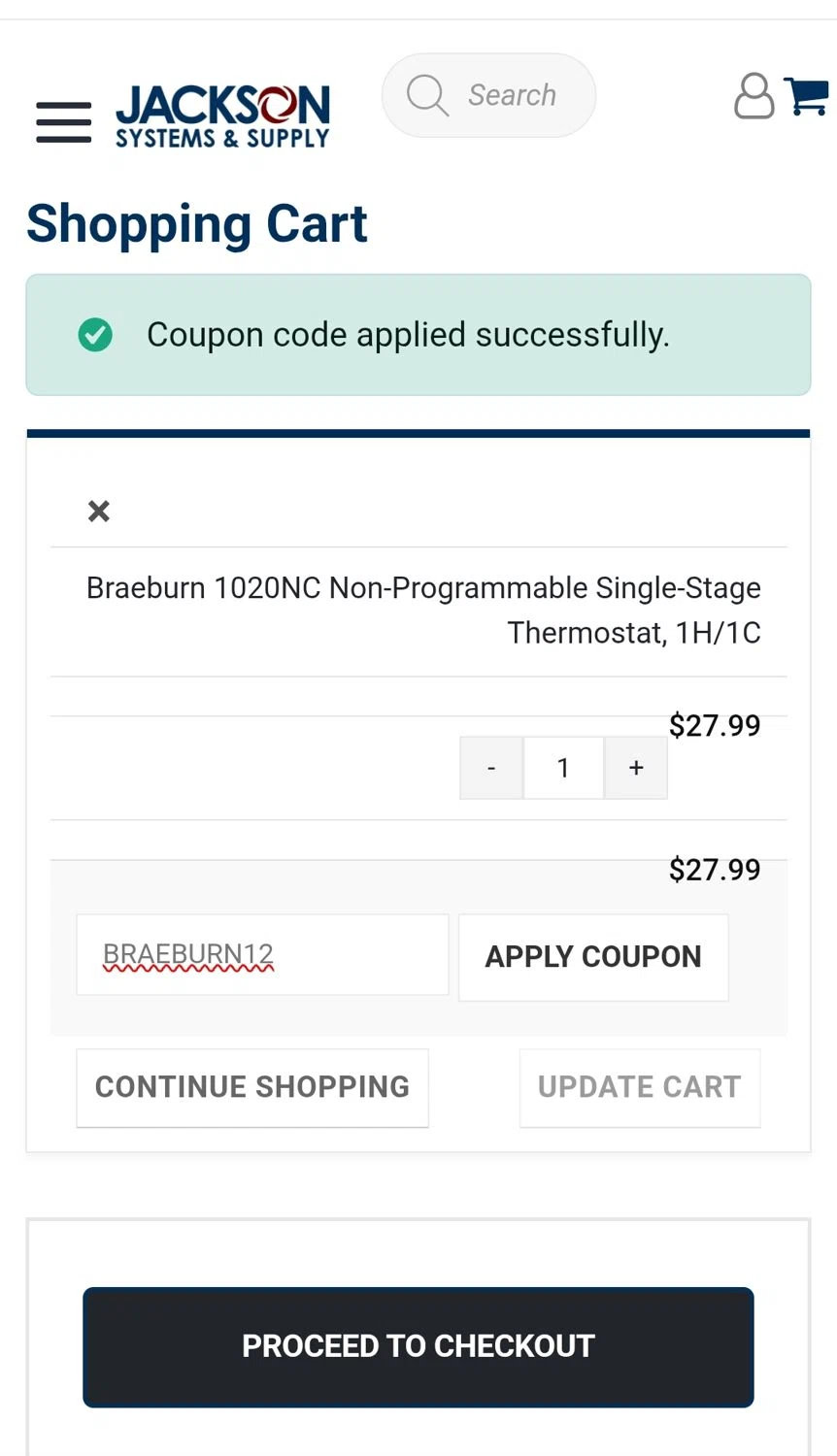 Jackson Systems coupon code screenshot showing code BRAEBURN12 applied at Jackson Systems checkout page. Uploaded by SimplyCodes community member JuanMonge on Nov 7, 2025