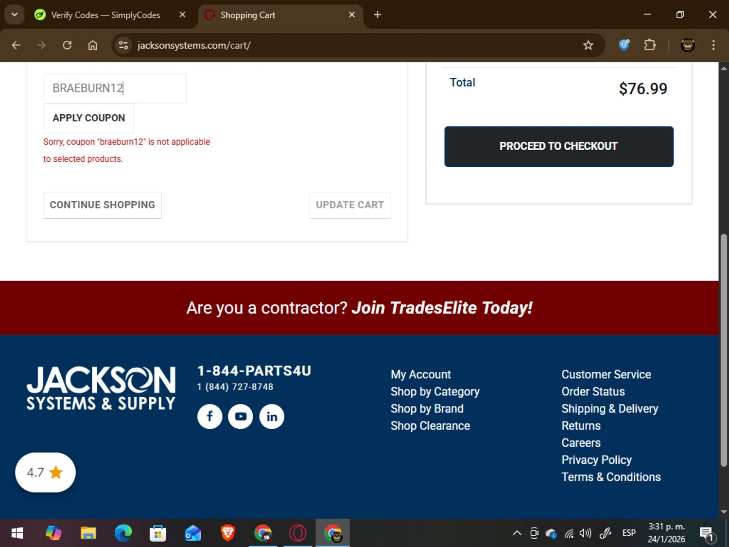 Jackson Systems checkout page showing Jackson Systems coupon code box | Screenshot taken by SimplyCodes community member on Jan 24, 2026