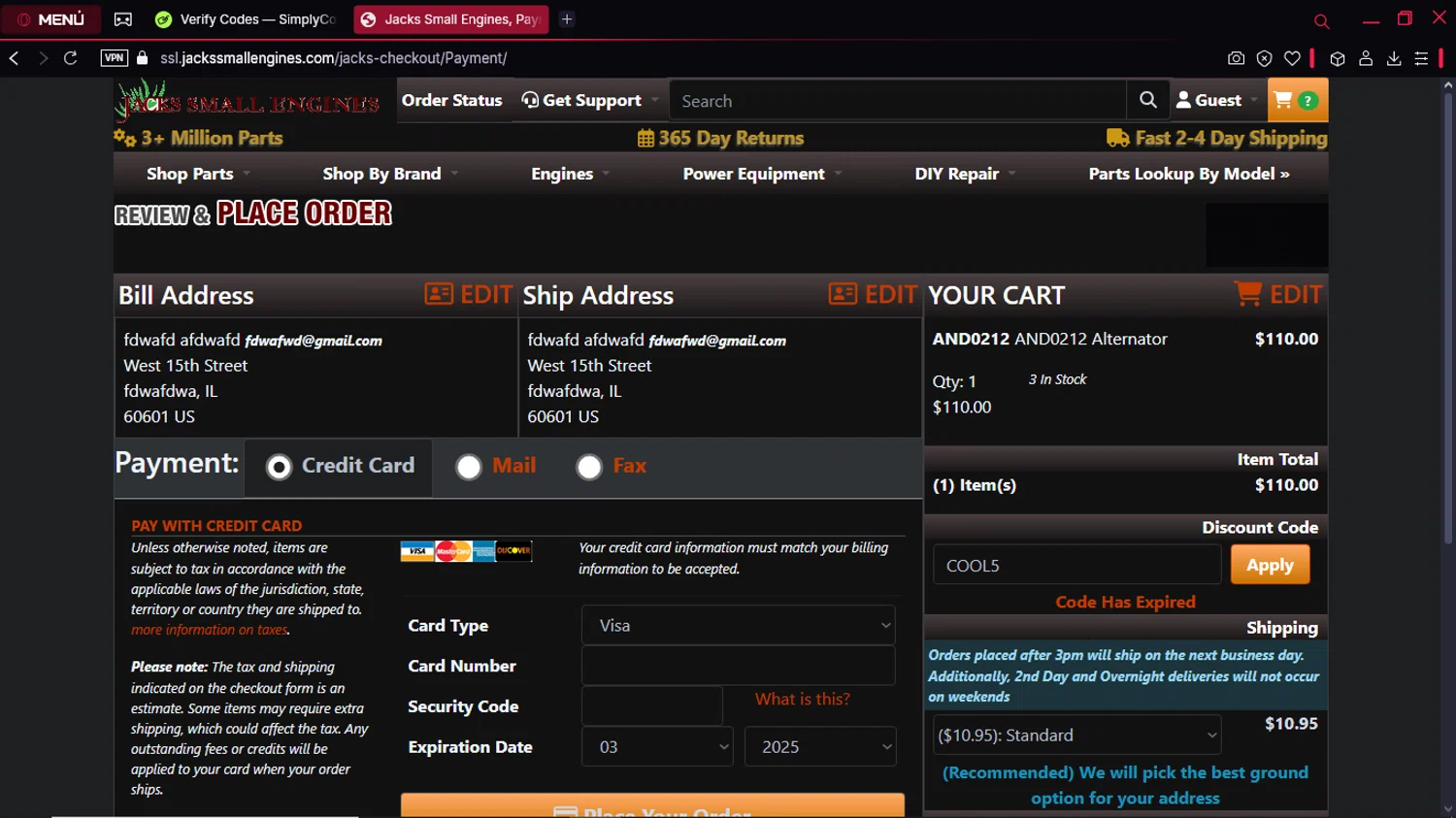 Jacks Small Engines discount code screenshot showing code COOL5 applied at Jacks Small Engines checkout page. Uploaded by SimplyCodes community member SwiftSleuth1271 on Mar 24, 2025