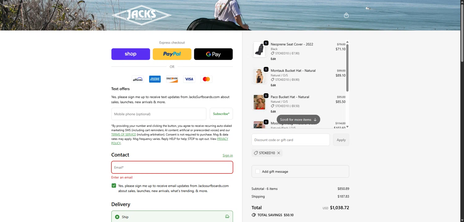 Jack's Surfboards discount code screenshot showing code STOKED10 applied at Jack's Surfboards checkout page. Uploaded by SimplyCodes community member TokenCollector1268 on Sep 17, 2025