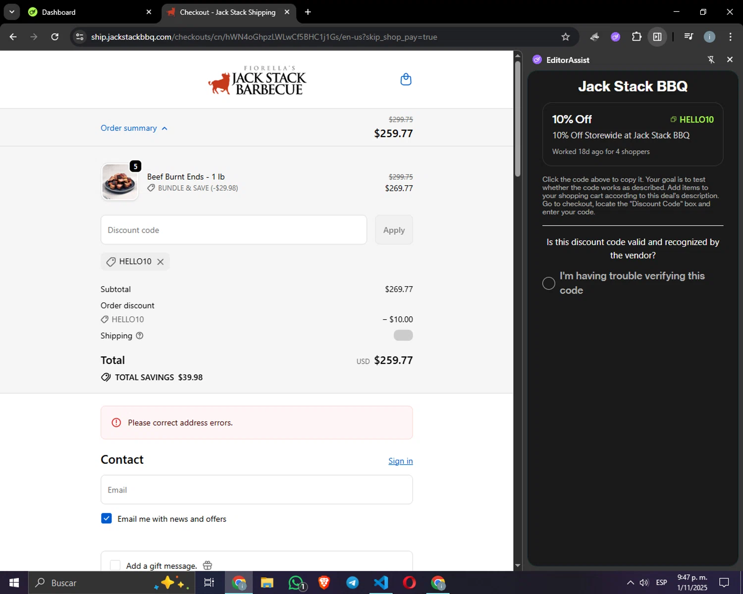 Jack Stack BBQ promo code screenshot showing code HELLO10 applied at Jack Stack BBQ checkout page. Uploaded by SimplyCodes community member IvanUWU on Nov 2, 2025