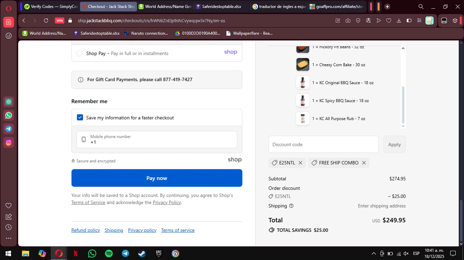Jack Stack BBQ checkout page showing Jack Stack BBQ promo code box | Screenshot taken by SimplyCodes community member on Dec 18, 2025