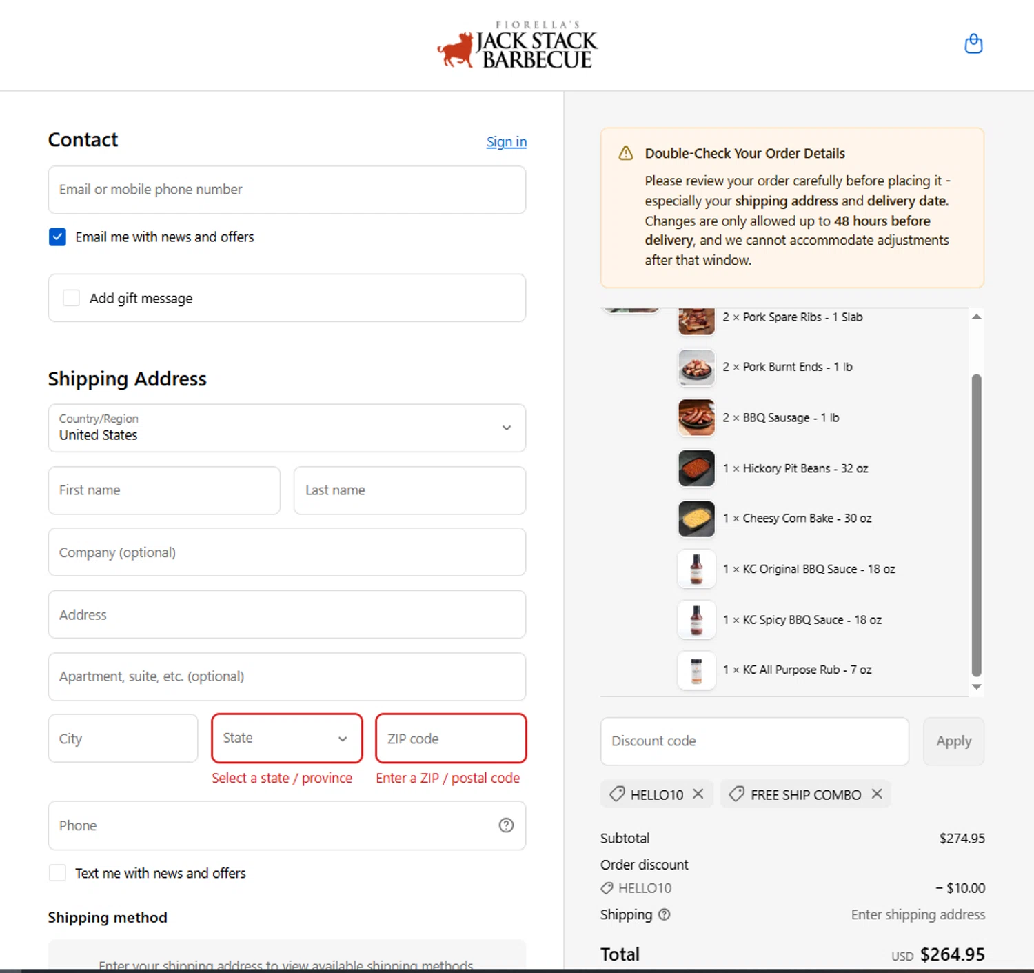 Jack Stack BBQ promo code screenshot showing code HELLO10 applied at Jack Stack BBQ checkout page. Uploaded by SimplyCodes community member valeriaantonieta on Oct 5, 2025