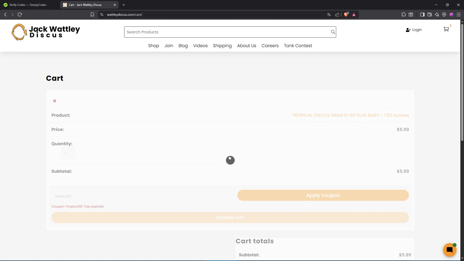 Jack Wattley Discus promo code screenshot showing code tropical10 applied at Jack Wattley Discus checkout page. Uploaded by SimplyCodes community member SwiftSage2309 on Apr 3, 2026