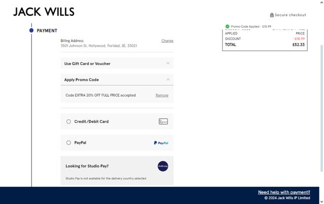 Jack Wills checkout page showing Jack Wills promo code box | Screenshot taken by SimplyCodes community member on Mar 26, 2024