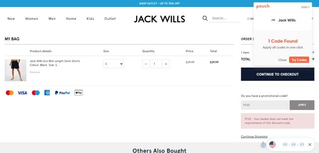 Jack Wills checkout page showing Jack Wills promo code box | Screenshot taken by SimplyCodes community member on May 2, 2023