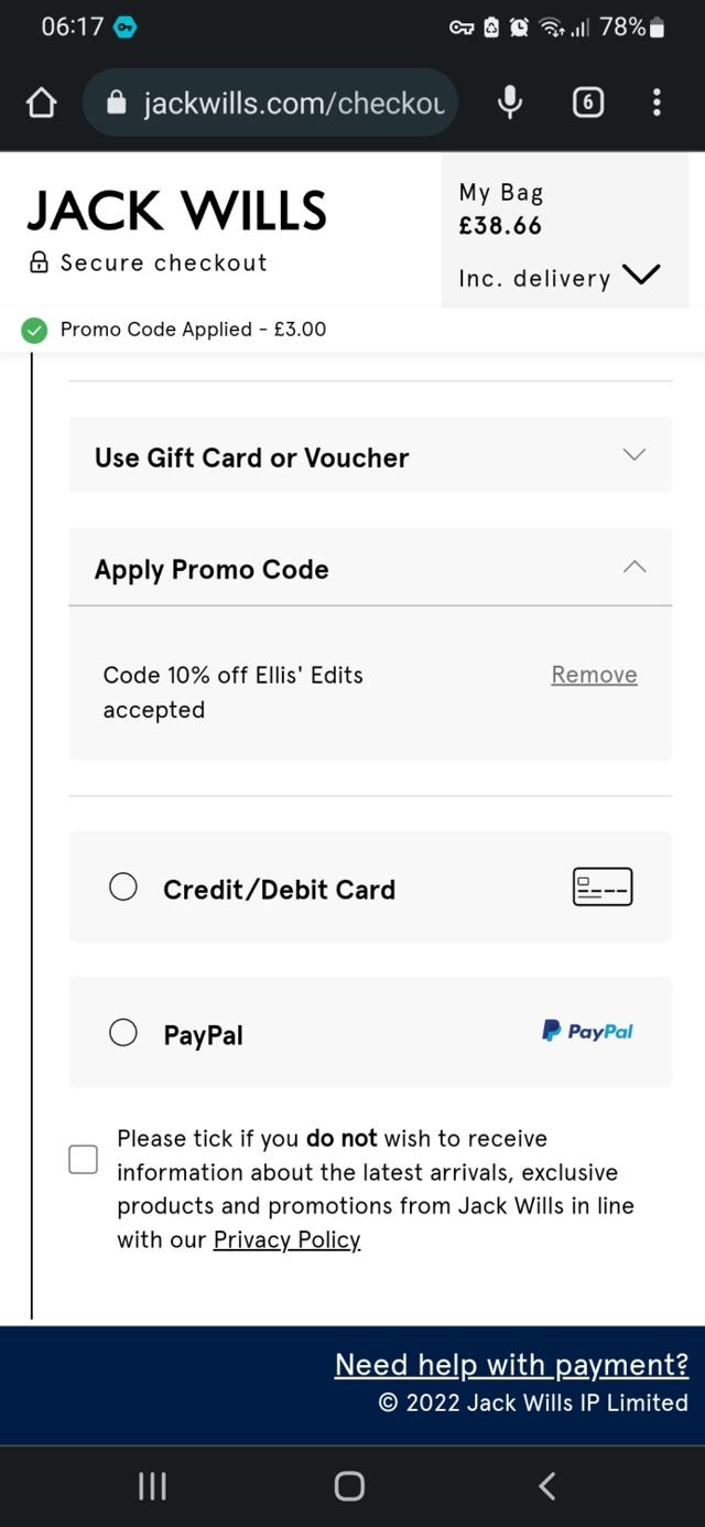 Jack Wills checkout page showing Jack Wills promo code box | Screenshot taken by SimplyCodes community member on Aug 25, 2022