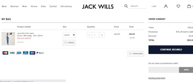 Jack Wills checkout page showing Jack Wills promo code box | Screenshot taken by SimplyCodes community member on Oct 29, 2022