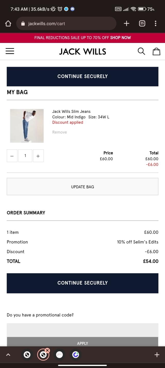 Jack Wills checkout page showing Jack Wills promo code box | Screenshot taken by SimplyCodes community member on Sep 1, 2022