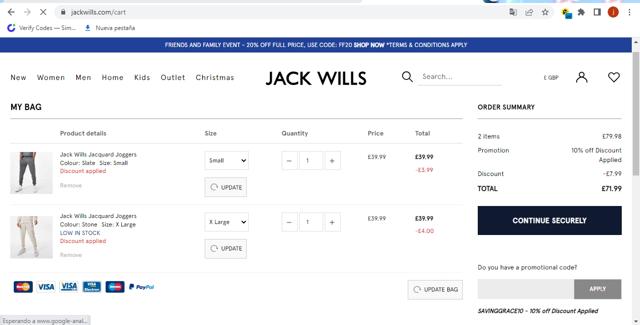 Jack Wills checkout page showing Jack Wills promo code box | Screenshot taken by SimplyCodes community member on Oct 27, 2022