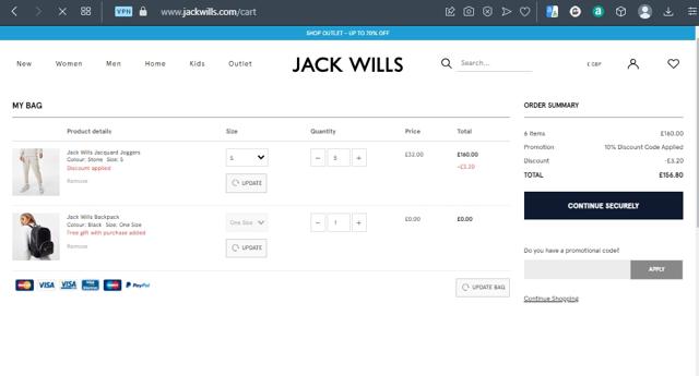 Jack Wills checkout page showing Jack Wills promo code box | Screenshot taken by SimplyCodes community member on Feb 19, 2023