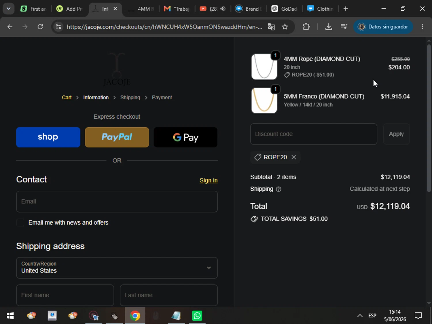 Jacoje promo code screenshot showing code ROPE20 applied at Jacoje checkout page. Uploaded by SimplyCodes community member MarcosAranguren on Jun 5, 2026