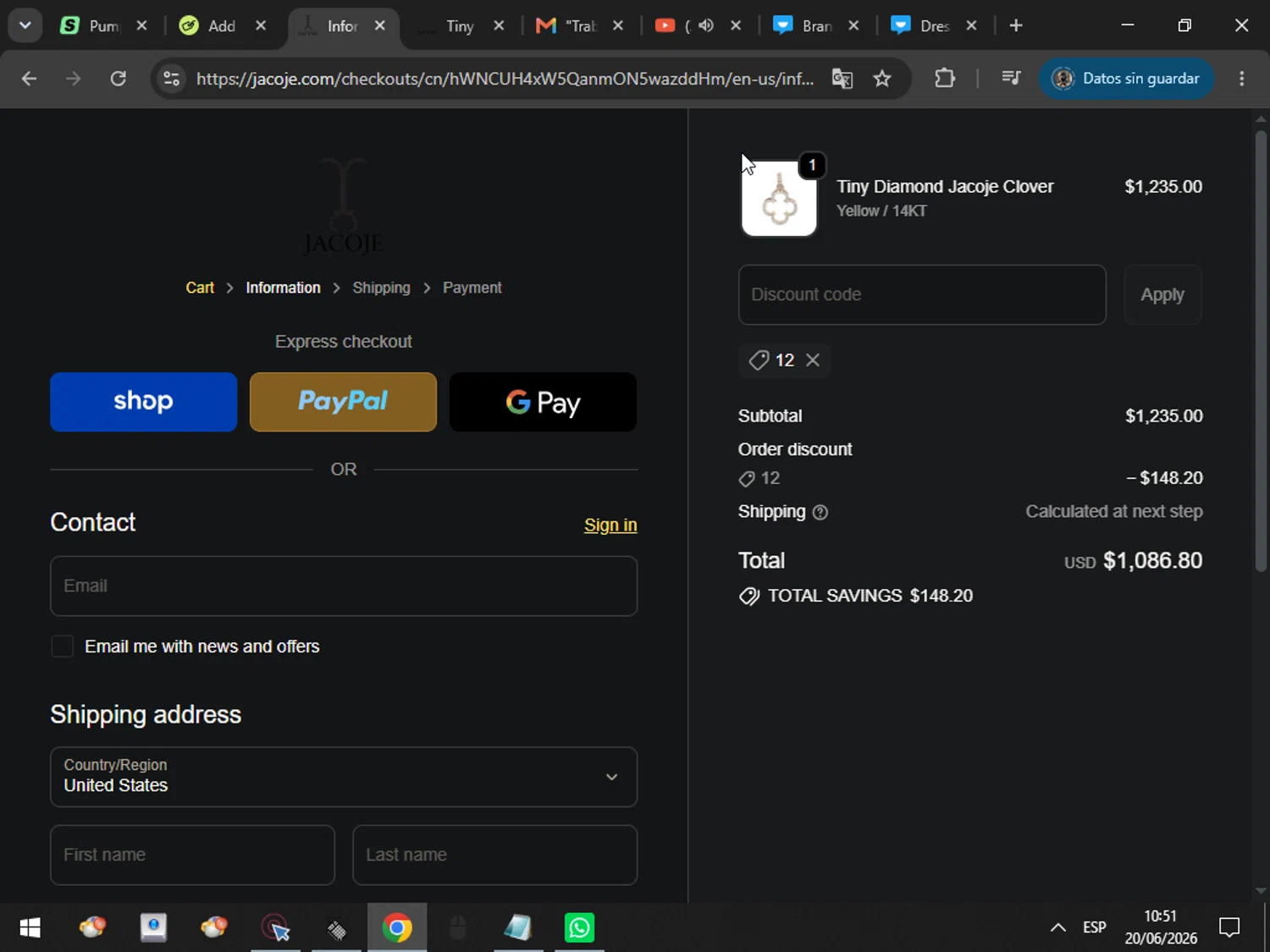 Jacoje promo code screenshot showing code 12 applied at Jacoje checkout page. Uploaded by SimplyCodes community member MarcosAranguren on Jun 20, 2026