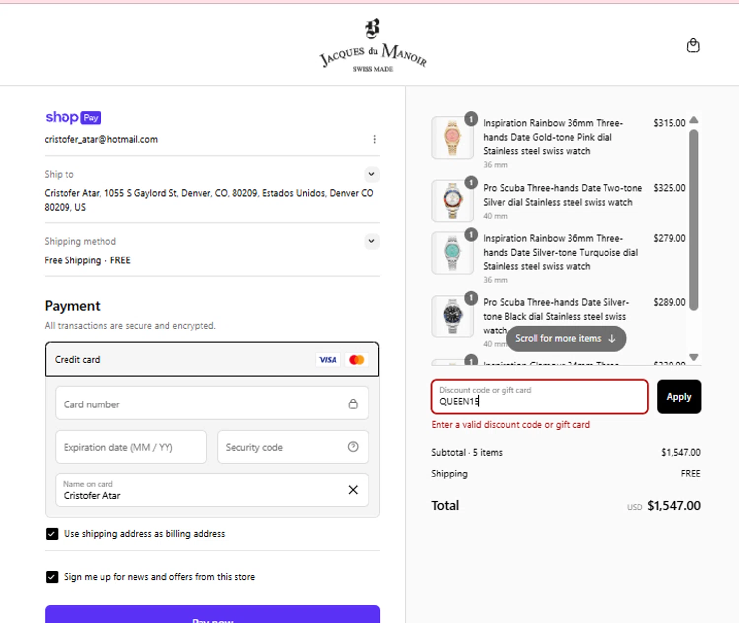 Jacques Du Manoir discount code screenshot showing code QUEEN15 applied at Jacques Du Manoir checkout page. Uploaded by SimplyCodes community member DavGutFig on Jul 10, 2025