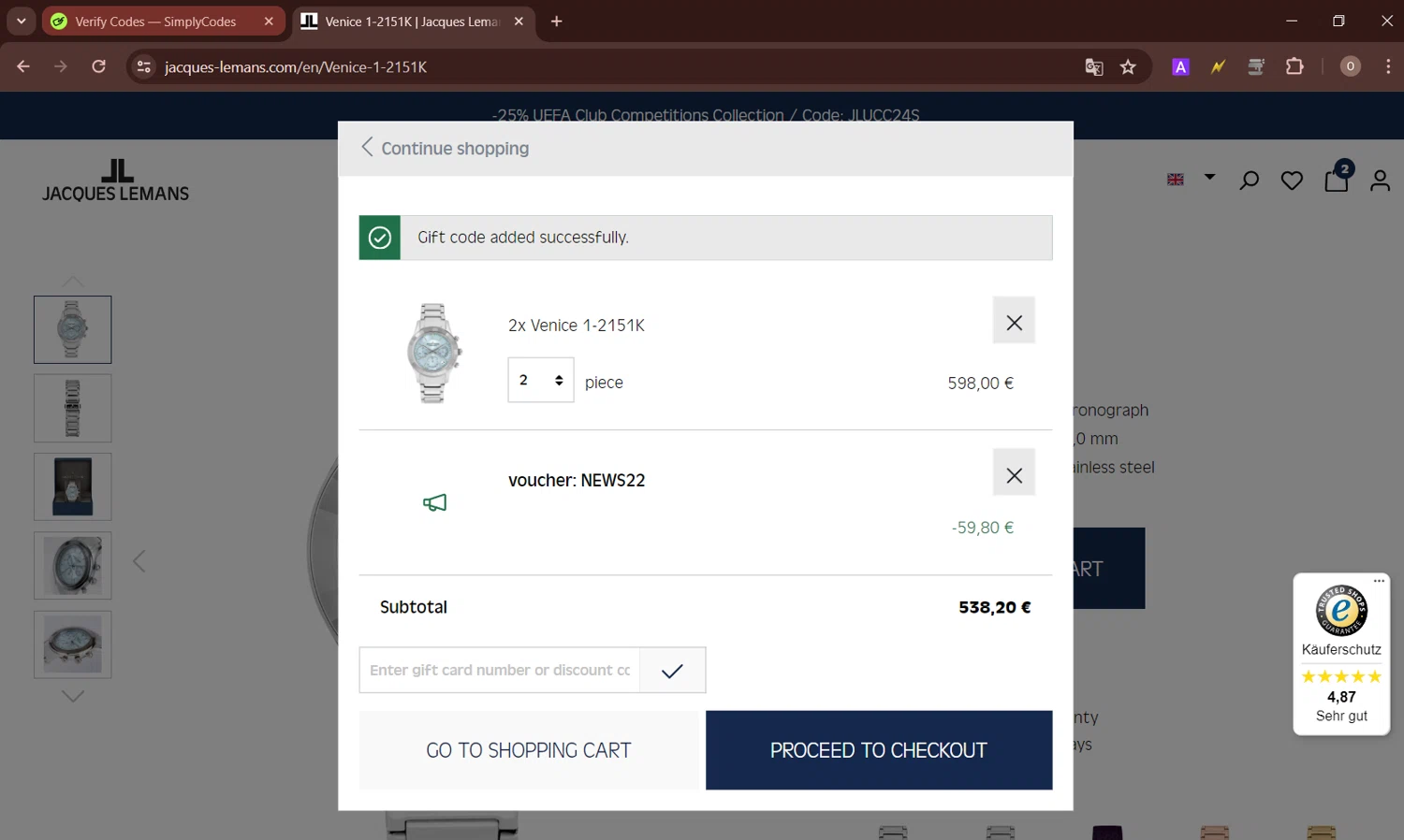 Jacques Lemans checkout page showing Jacques Lemans promo code box | Screenshot taken by SimplyCodes community member on Jun 10, 2024