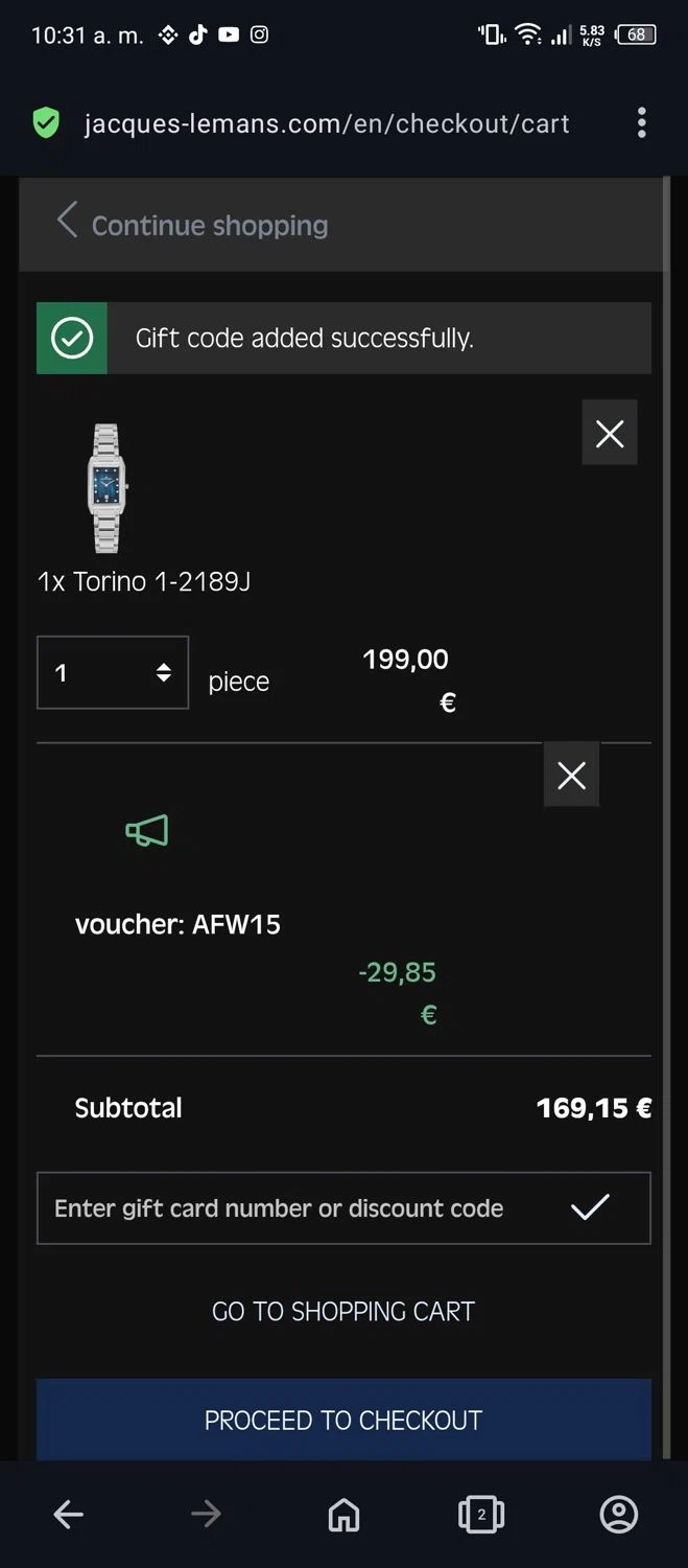 Jacques Lemans checkout page showing Jacques Lemans promo code box | Screenshot taken by SimplyCodes community member on Aug 13, 2024