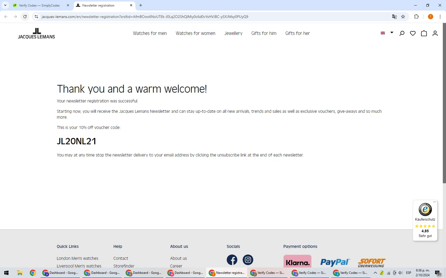 Jacques Lemans checkout page showing Jacques Lemans promo code box | Screenshot taken by SimplyCodes community member on Oct 2, 2024