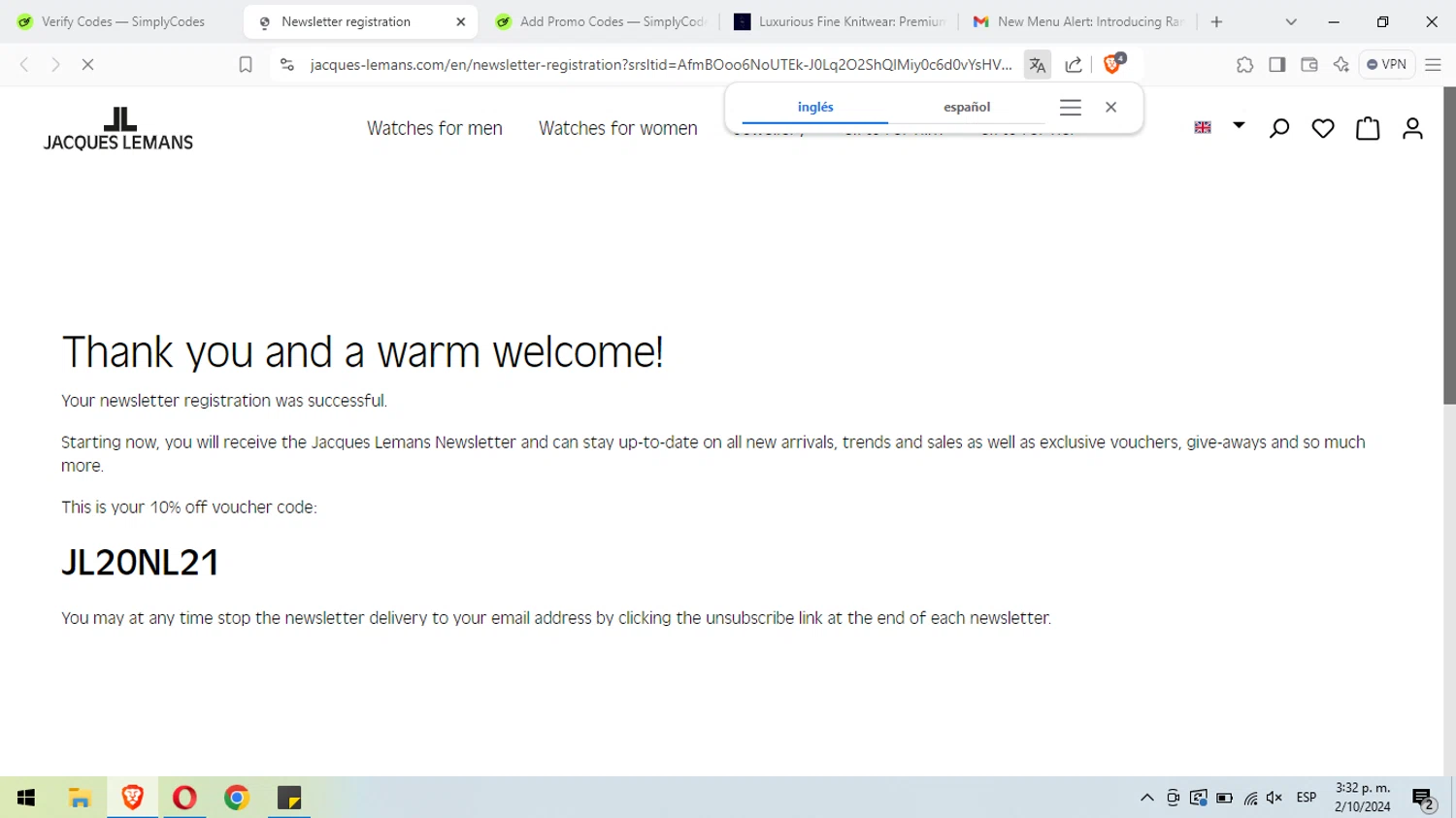 Jacques Lemans checkout page showing Jacques Lemans promo code box | Screenshot taken by SimplyCodes community member on Oct 2, 2024
