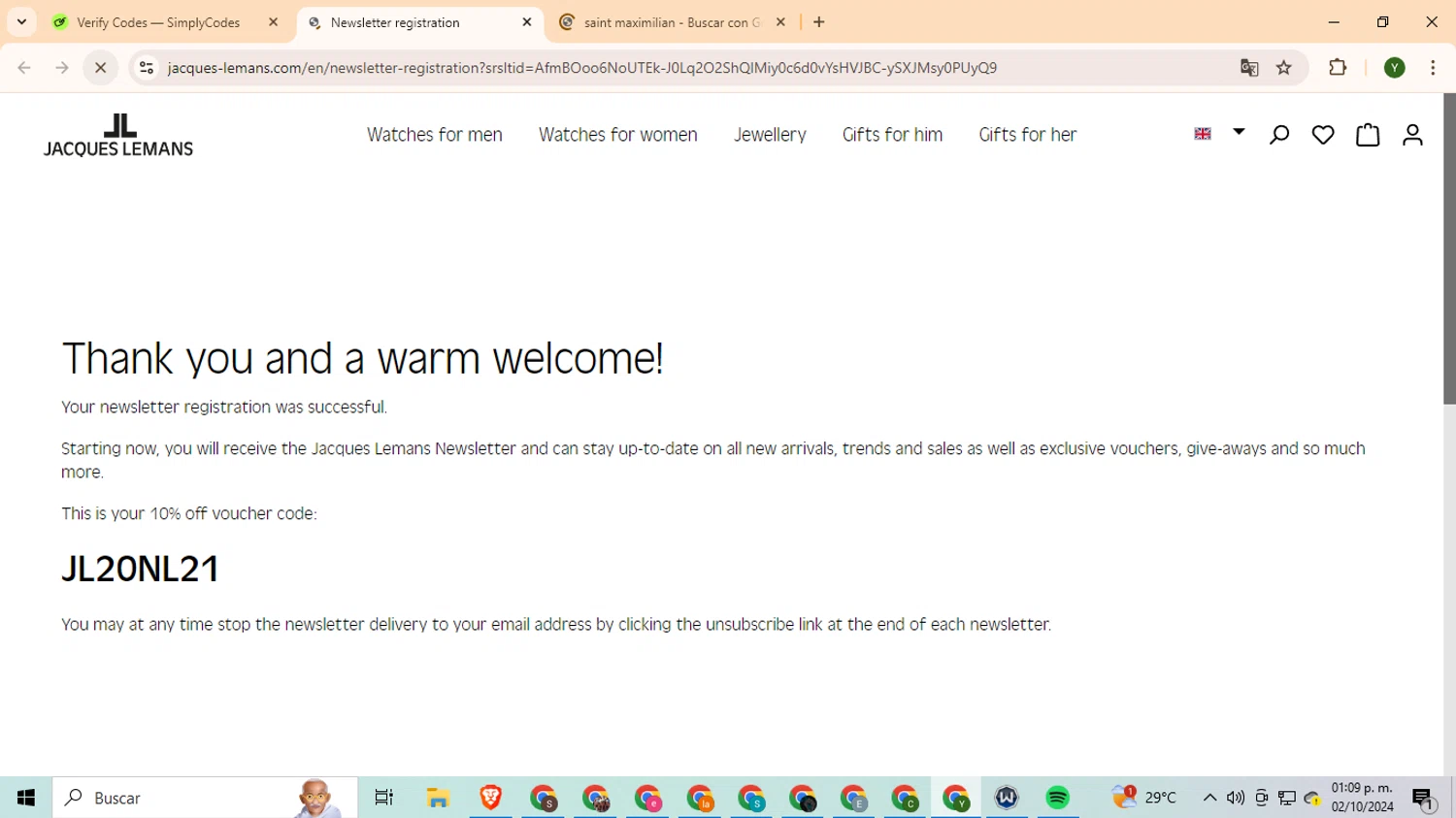 Jacques Lemans checkout page showing Jacques Lemans promo code box | Screenshot taken by SimplyCodes community member on Oct 2, 2024