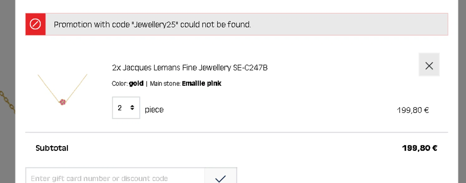Jacques Lemans promo code screenshot showing code Jewellery25 applied at Jacques Lemans checkout page. Uploaded by SimplyCodes community member Netheryno on Mar 3, 2025