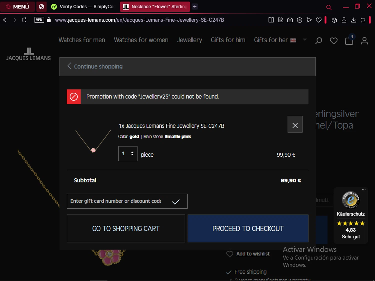 Jacques Lemans promo code screenshot showing code Jewellery25 applied at Jacques Lemans checkout page. Uploaded by SimplyCodes community member LegendaryFox9861 on Mar 3, 2025