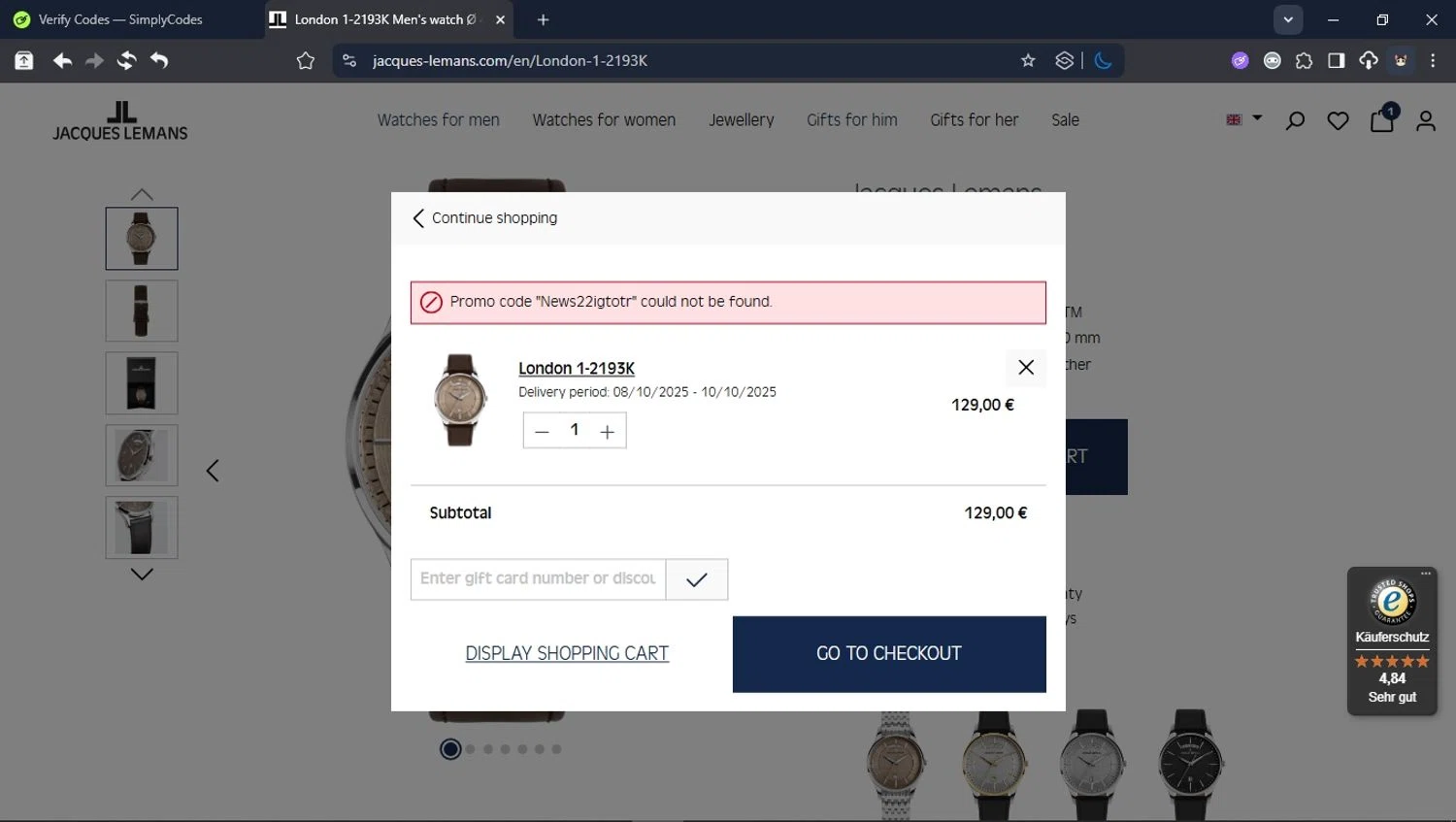 Jacques Lemans promo code screenshot showing code News22igtotr applied at Jacques Lemans checkout page. Uploaded by SimplyCodes community member User_Randon1 on Oct 7, 2025