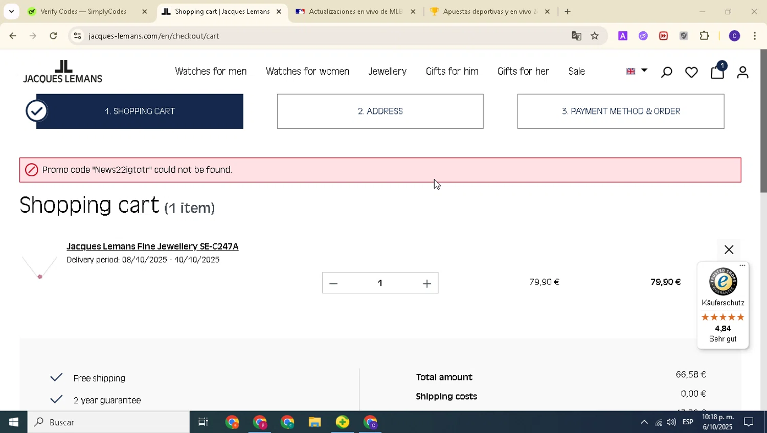 Jacques Lemans promo code screenshot showing code News22igtotr applied at Jacques Lemans checkout page. Uploaded by SimplyCodes community member alexanderarnold on Oct 7, 2025