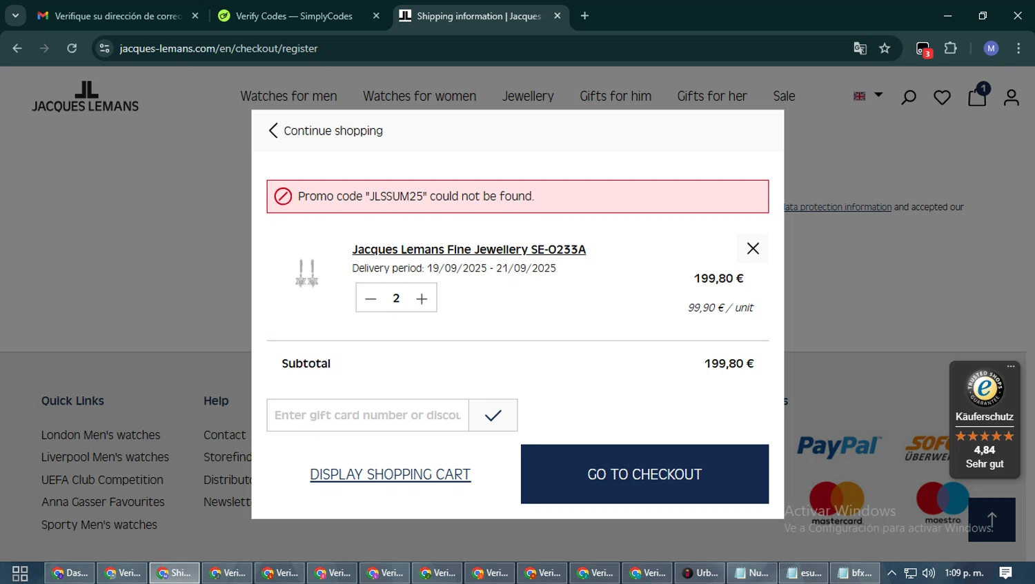 Jacques Lemans promo code screenshot showing code JLSSUM25 applied at Jacques Lemans checkout page. Uploaded by SimplyCodes community member PrimeFox5260 on Sep 18, 2025