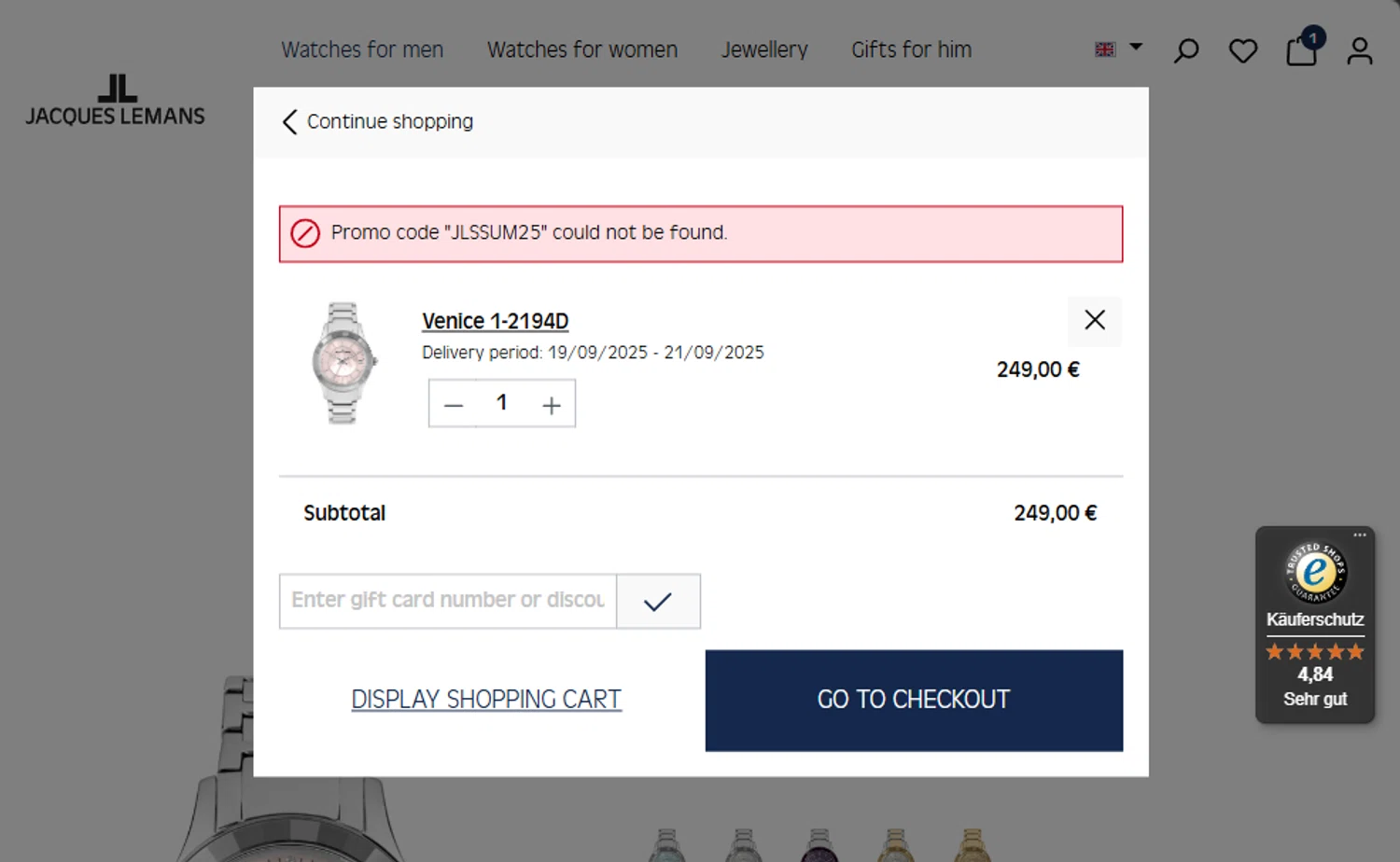 Jacques Lemans promo code screenshot showing code JLSSUM25 applied at Jacques Lemans checkout page. Uploaded by SimplyCodes community member Santi_ago on Sep 18, 2025