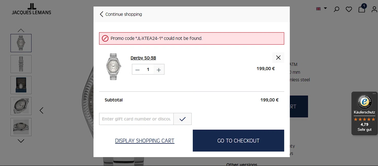Jacques Lemans promo code screenshot showing code JL-XTEA24-1 applied at Jacques Lemans checkout page. Uploaded by SimplyCodes community member QuestSeeker7732 on Dec 19, 2025