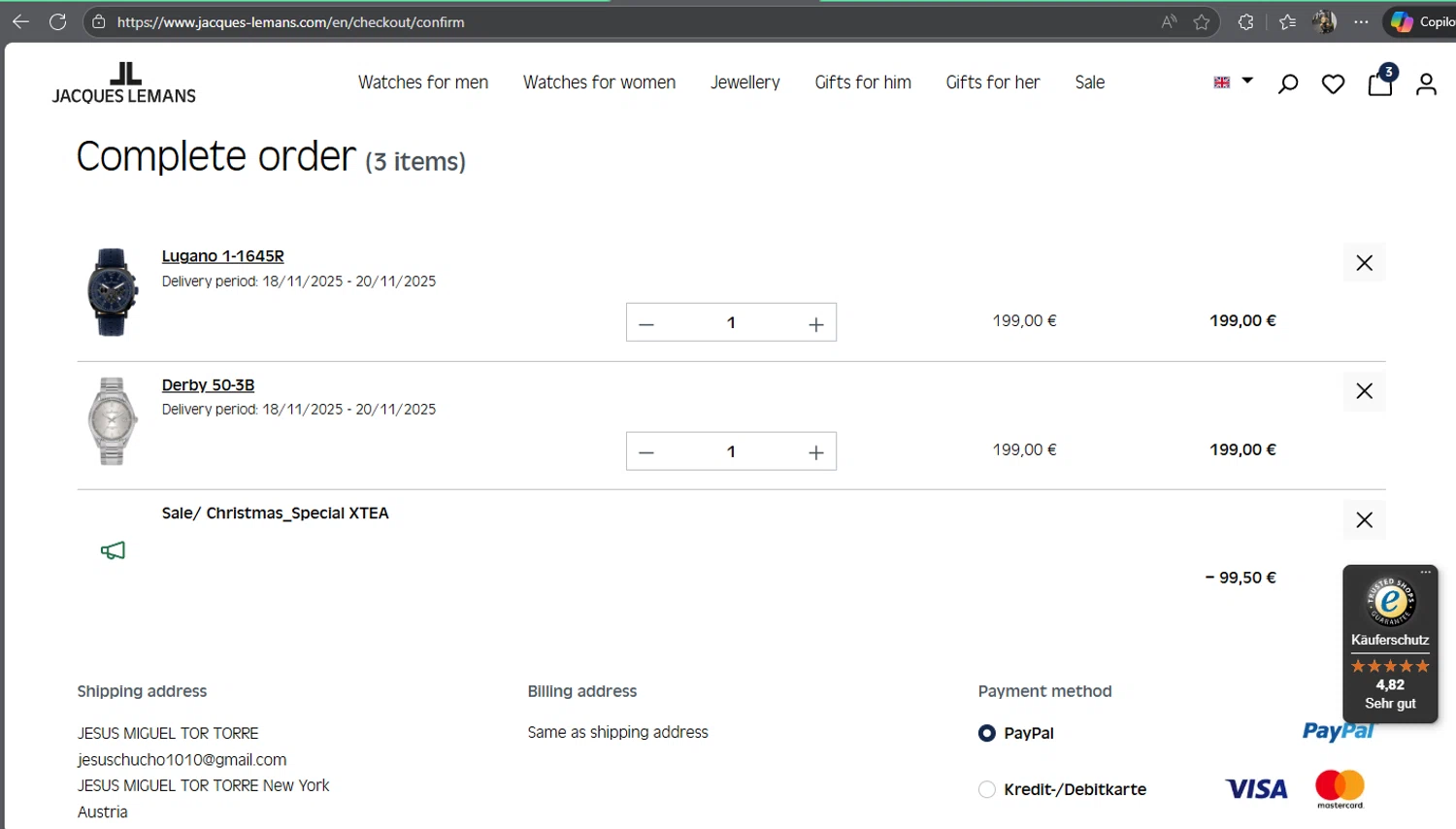 Jacques Lemans promo code screenshot showing code JL-XTEA24-1 applied at Jacques Lemans checkout page. Uploaded by SimplyCodes community member JEMITOIG on Nov 17, 2025