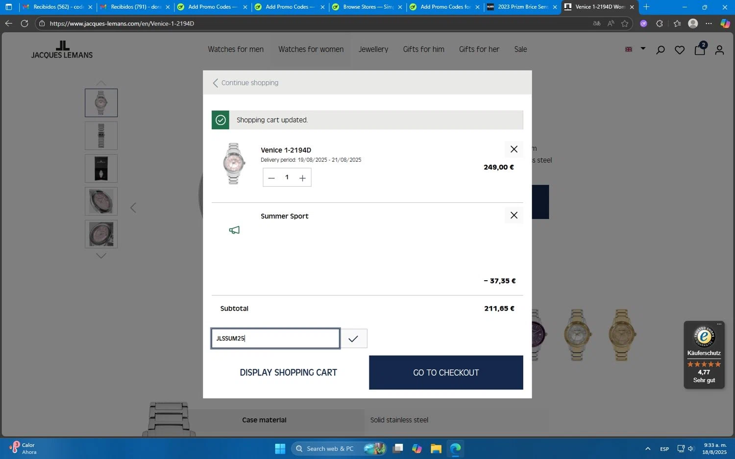 Jacques Lemans promo code screenshot showing code JLSSUM25 applied at Jacques Lemans checkout page. Uploaded by SimplyCodes community member Mdeoca on Aug 18, 2025