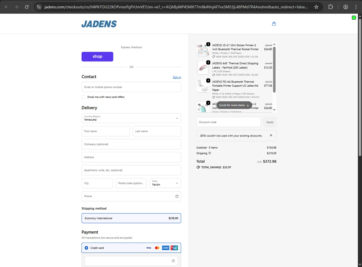 Jadens checkout page showing Jadens promo code box | Screenshot taken by SimplyCodes community member on Jan 9, 2026