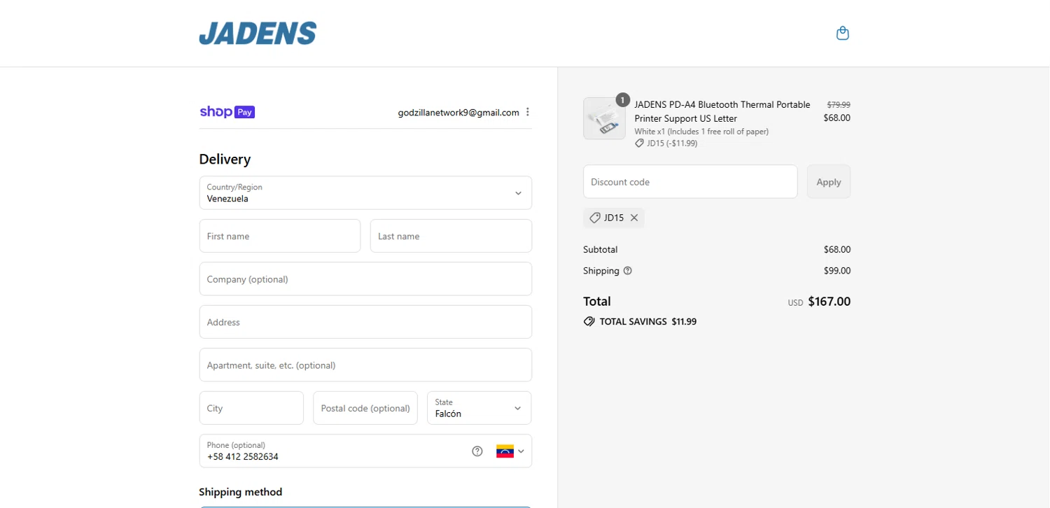Jadens promo code screenshot showing code JD15 applied at Jadens checkout page. Uploaded by SimplyCodes community member dimitriv on Jul 25, 2025