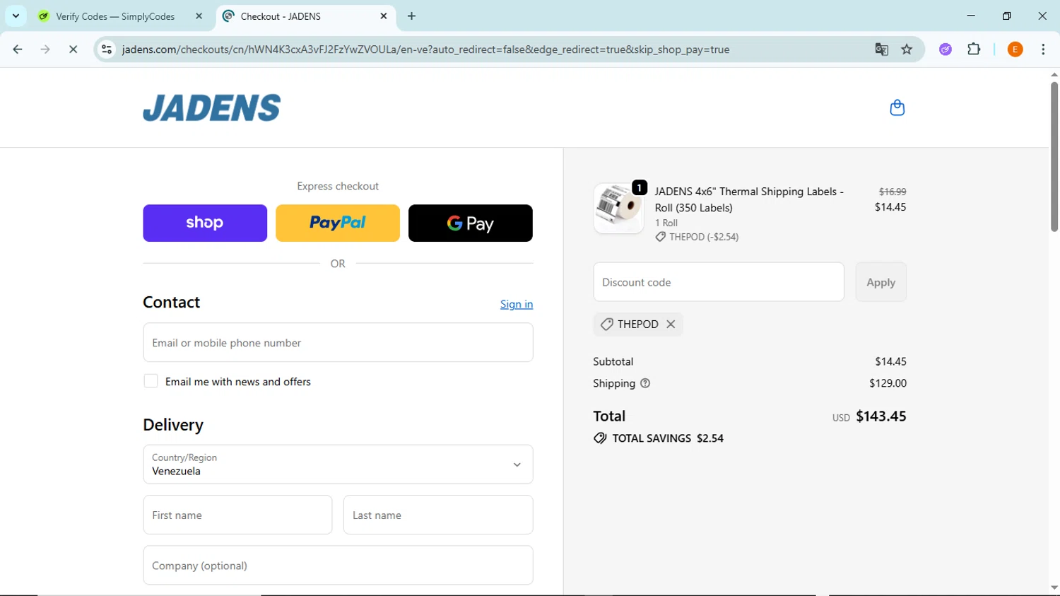 Jadens promo code screenshot showing code THEPOD applied at Jadens checkout page. Uploaded by SimplyCodes community member BudgetFox5491 on Oct 20, 2025