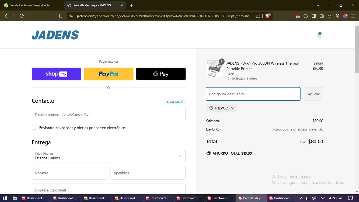 Jadens promo code screenshot showing code THEPOD applied at Jadens checkout page. Uploaded by SimplyCodes community member Gluttony on Feb 26, 2025