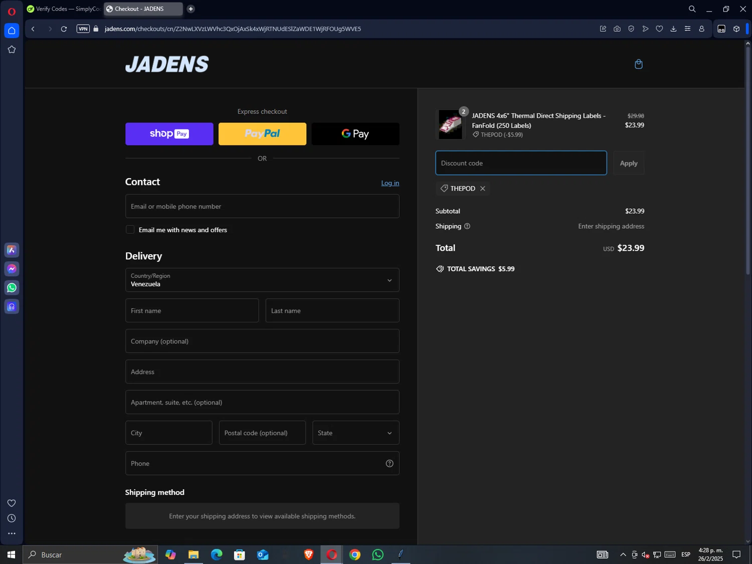 Jadens promo code screenshot showing code THEPOD applied at Jadens checkout page. Uploaded by SimplyCodes community member GrimmKing on Feb 26, 2025