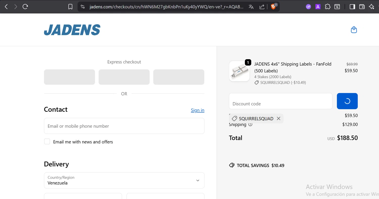 Jadens promo code screenshot showing code SQUIRRELSQUAD applied at Jadens checkout page. Uploaded by SimplyCodes community member DiaCritics on Dec 12, 2025