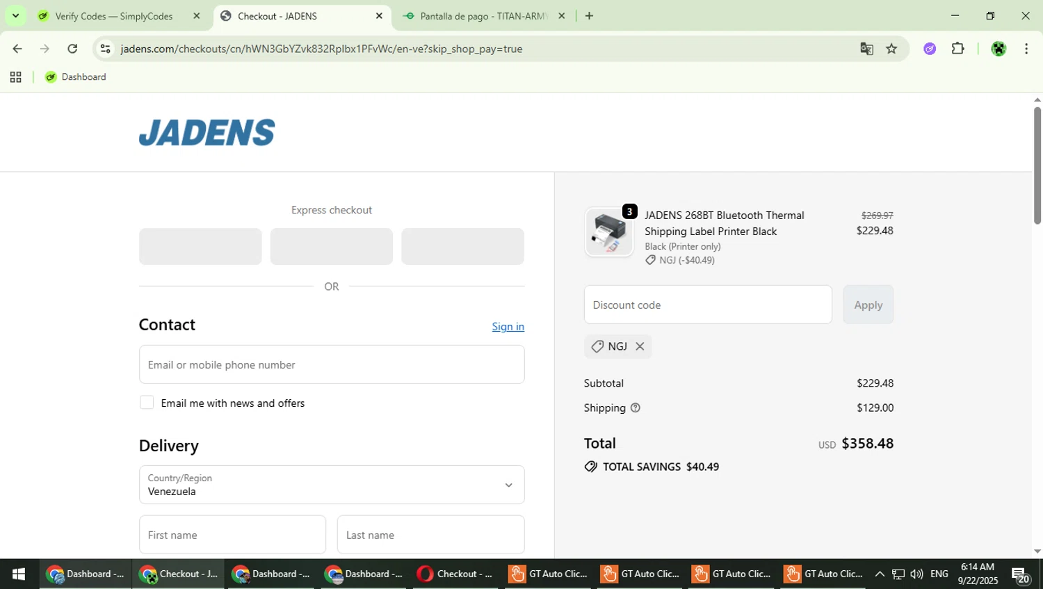 Jadens promo code screenshot showing code NGJ applied at Jadens checkout page. Uploaded by SimplyCodes community member MaitoGai on Sep 22, 2025